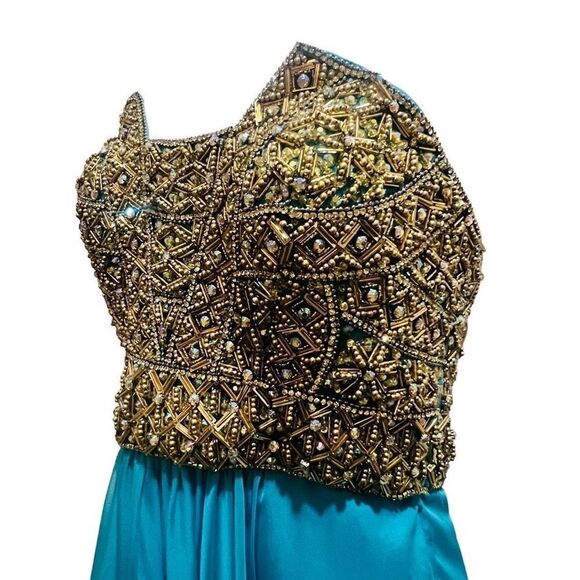 La Femme women’s strapless beaded gold and teal gown, sz 4 prom gala - Picture 3 of 8